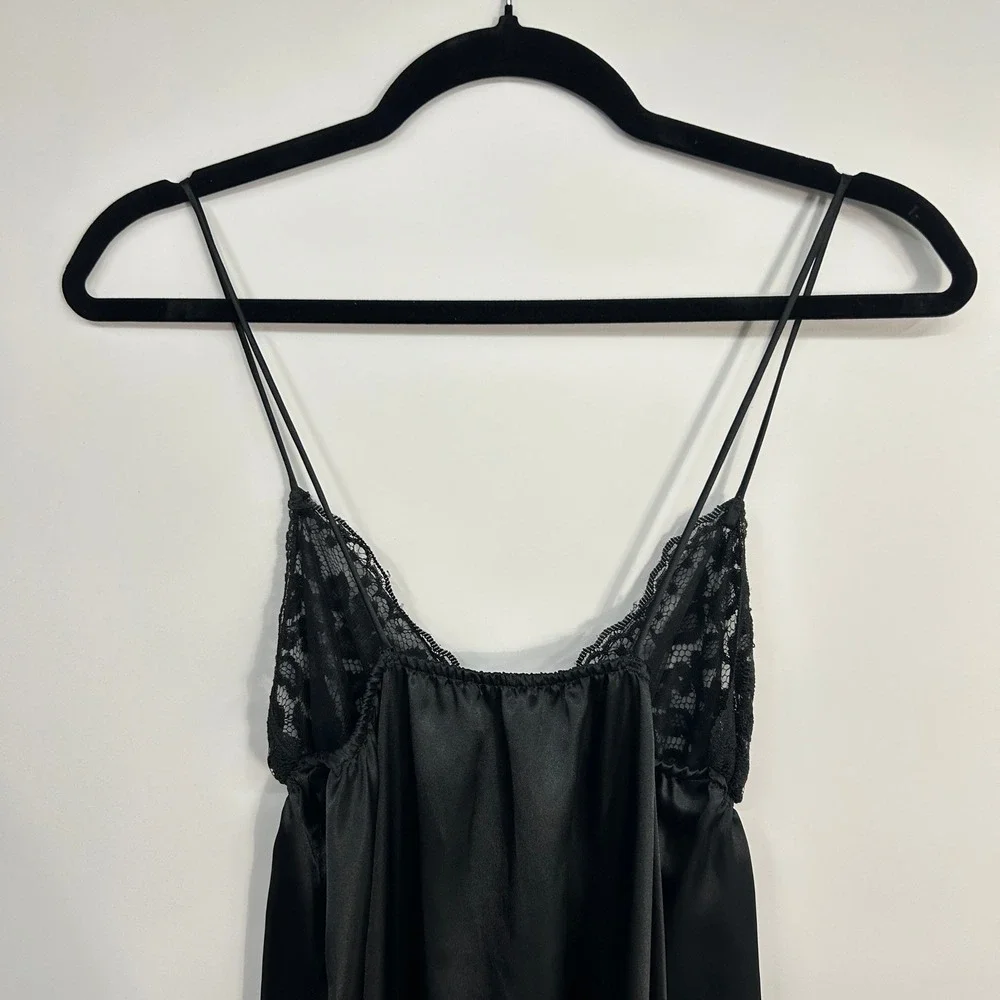 Black Satin Lace Babydoll Full Length Slip Dress Gown Lingerie XS/S Romantic
